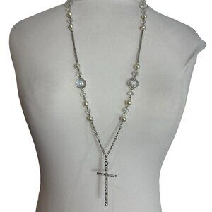 Rhinestone Cross Pendant Necklace Faux Pearl Beads Silver Tone Long Religious